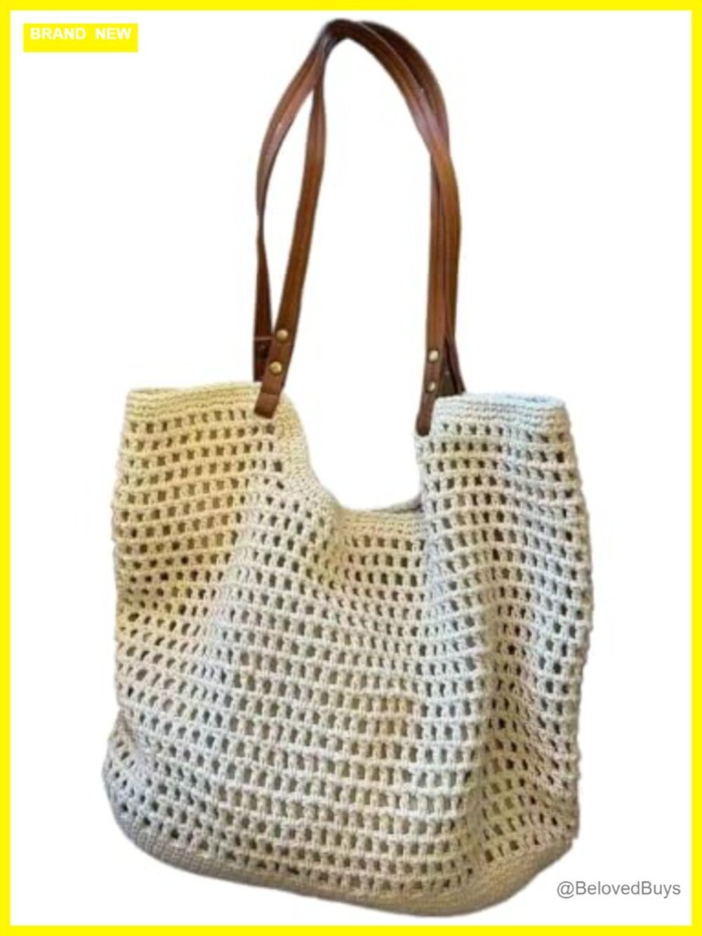Mesh Tote Bag with Leather Shoulder Strap, Summer Beach Handbag Canvas